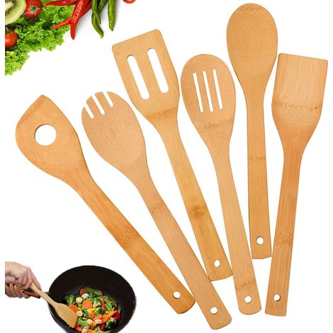 6-teiliges Küchenutensilien-Set aus Bambus – Antihaft-Kochspatel und -löffel mit Griffen – Hitzebeständig – Hochwertiges Holzbesteck-Set für antihaftbeschichtete Pfannen (1/5)