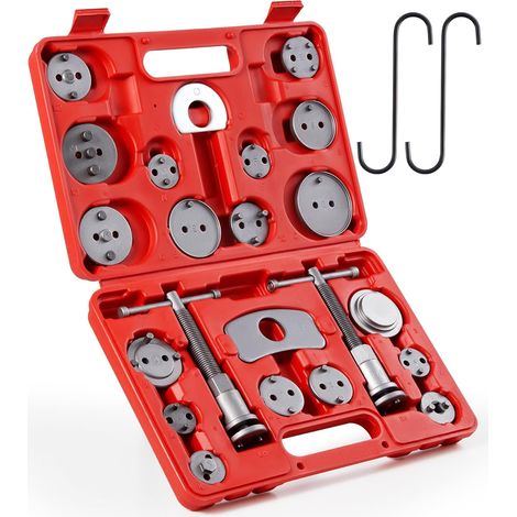 24Pcs Kit d'Outils de Repousse Piston Étrier de Frein avec Boulons de Poussée Plaques de Retenue Supports d'Étrier 18 Adaptateurs de Disque Outils de Mécanicien avec Mallette, Rouge (1/5)