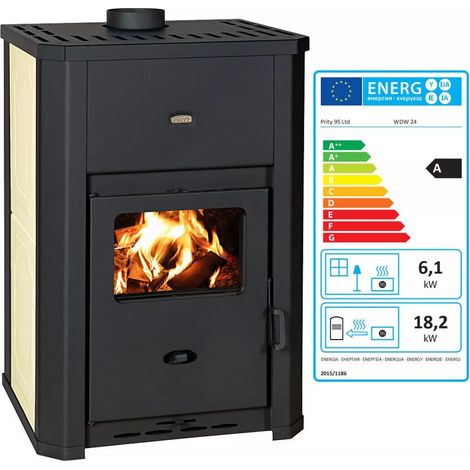 Prity – Poêle à bois avec bouilleur 6,1 kW – Puissance de chauffage 18,2 kW – Efficacité énergétique A – Pour bois secs jusqu'à 20% d'humidité (1/3)