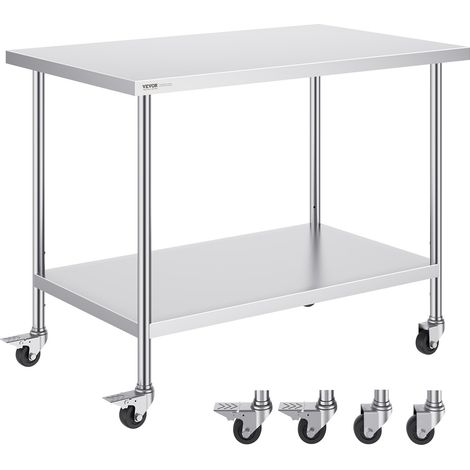 Table de Travail en Acier Inoxydable 76,2 x 121,9 x 95,5 cm, Table de Préparation des Aliments avec 4 Roulettes, 3 Niveaux de Hauteur Réglables, Meuble de Rangement, pour Restaurant Maison Bar (1/5)
