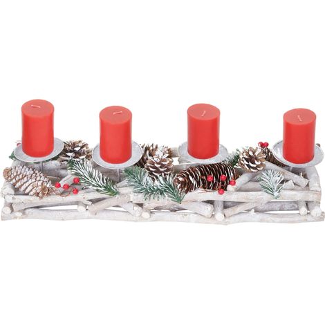Corona dell'Avvento allungata Decorazione natalizia Composizione dell'Avvento in legno 11 x 15 x 50 cm bianco-grigio con candele rosse 040006547