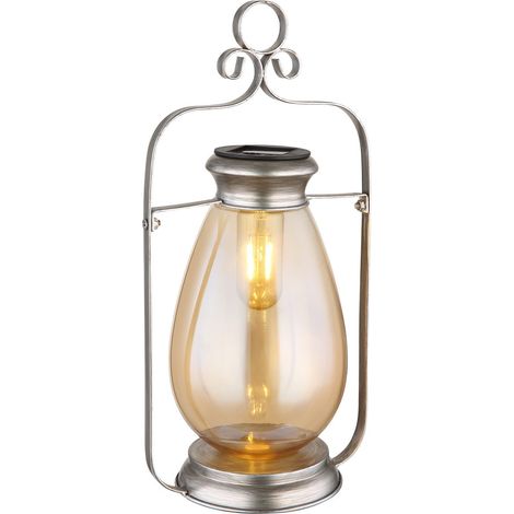 Globo Solarleuchte Lampe d'extérieur portable argentée antique IP44, abat-jour en verre ambré LED 3 000 K
