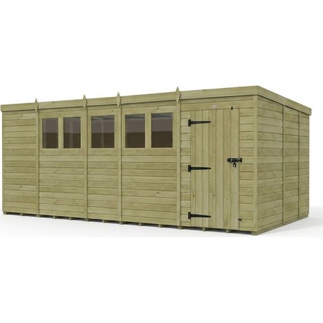 19ft x 9ft Pent Garden Shed Single Door With Windows - Pressure Treated Timber - L579 x W274 x H210 cm - Natural