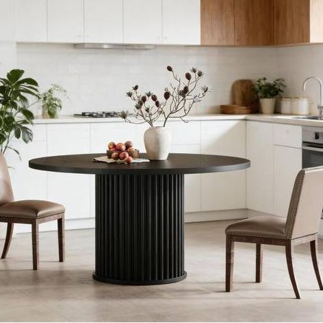Tavolo da pranzo rotondo 120/75 cm nero in MDF con base in metallo, elegante e versatile (1/5)