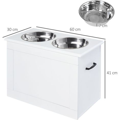 Gamelle pour chien réglable en hauteur pour grands chiens, support en MDF, avec 2 gamelles en acier inoxydable, 60x30x41cm, blanc. (1/5)