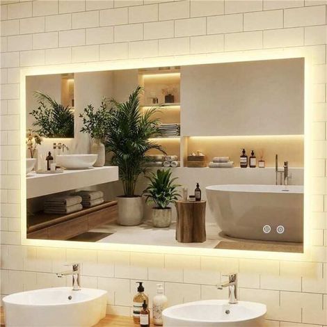 Verre trempé bords satinés miroir salle de bain LED anti-buée variateur tactile 120x70 cm (1/2)