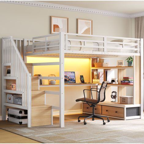 Hochbett 140x200 cm MDF/Metall Weiß mit Schreibtisch und Stauraum – MEUBLIV (1/5)