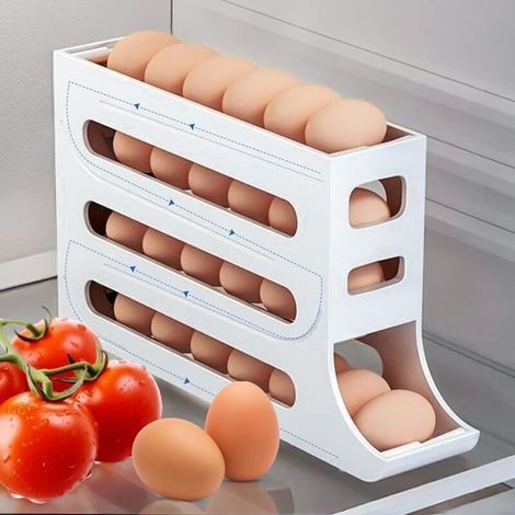 Rangement Oeufs,Frigo Distributeur Oeuf 4 Niveaux Distributeur D'œufs Pour Réfrigérateur Distributeur D'oeufs Roulant Pour Réfrigérateur Economiseur D'espace Egg Tray (Blanc) (1/4)