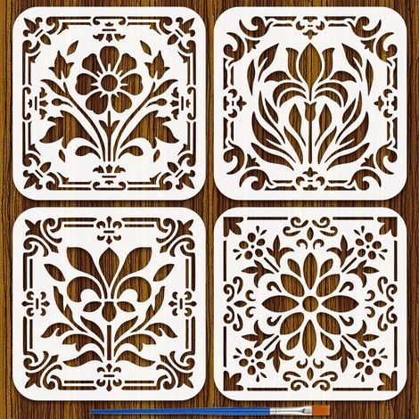 4Pcs Pochoir Réutilisable en Plastique pour Carrelage Floral Avec Pinceau Pochoir de Peinture Florale Vintage 15x15cm Modèle de Peinture Découpé Au Laser pour Décor DIY Bois (1/5)