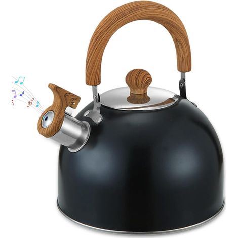 Bouilloire électrique de 2 litres, théière rétro en acier inoxydable, bouilloire sifflet avec poignée, bouilloire électrique avec sifflet automatique, pour gaz et plaques à induction (noir) (1/5)