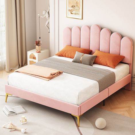 Cama Tapizada 140x200 Cm Somier Lamas Tela Terciopelo Rosa (1/5)