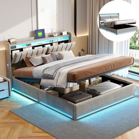 Cama matrimoniales 140x200 cm con almacenamiento,  cama tapizada, cabecero con almacenaje, tira de luz LED regulable, puerto de carga USB, terciopelo, gris (1/5)