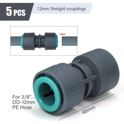 Raccord rapide droit Jx12 mm pour tuyau d'arrosage PE 1/4", 3/8" et 1/2", compatible avec les systèmes d'irrigation de diamètres extérieurs 16 mm, 12 mm et 6 mm. (1/5)