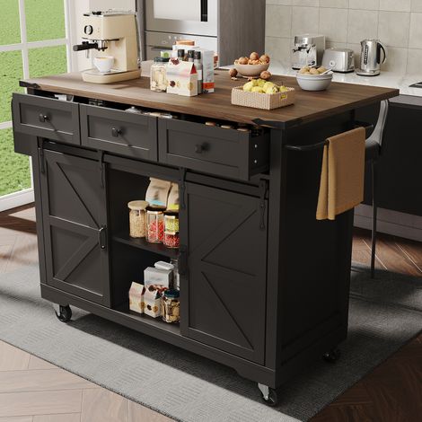 Îlot de cuisine 140/45/94 cm noir avec 3 tiroirs, portes coulissantes et plateau rabattable (1/5)