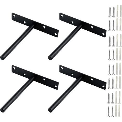 4 ensembles Support Étagère Invisible T Forme Équerres Fixation Murale Robustes pour Meuble Bibliothèque Cuisine Charge Lourde Acier Noir Durable