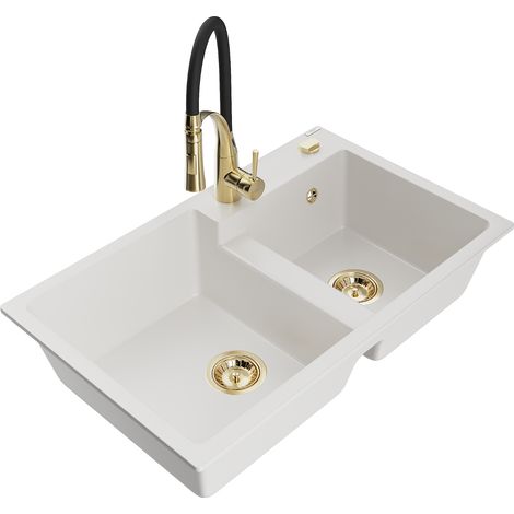 Mexen Tomas fregadero de granito de 2 senos con grifo de cocina Aster, blanco - 6516-20-73450-57-G (1/5)