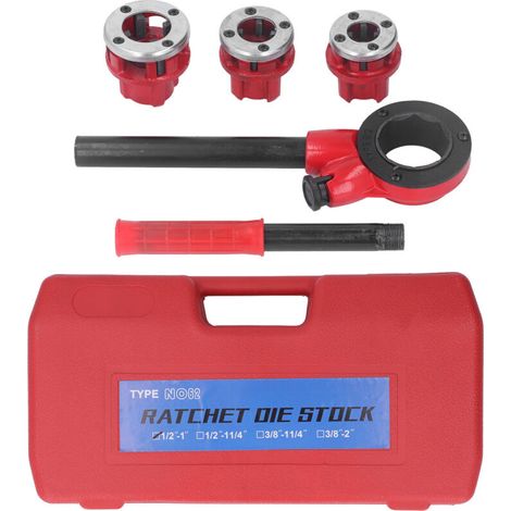 Kit di filettatura per tubi a cricchetto a 3 matrici, set di utensili per filettatura a cricchetto per tubi in acciaio, zincati e in plastica. (1/5)