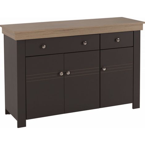 Buffet Bas 3 Portes 2 Tiroirs Chêne et Gris Corniche L 122 P 81.3 P 39.7 cm