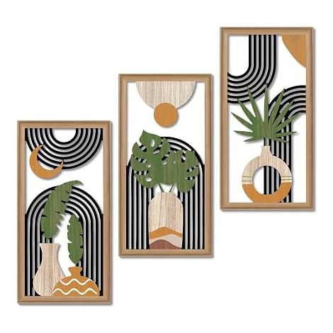 Set of 3 Framed Wall Pictures, Abstract Botanical Art Black White Terracotta, Geometric Arches, Light Wood Frames Living Room Bedroom Office Entrance Decor (1/5)