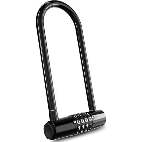 BEBUSINGOTO U-förmiges Zahlenschloss mit 4 Positionen, 18,5 cm lange Schließschlaufe mit zurücksetzbarem Vorhängeschloss, erweitertes Fitnessschloss, wasserdichtes Fahrrad, Werkzeugkasten – Schwarz (1/5)