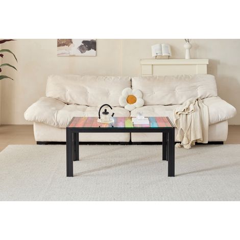 Tavolino da caffè 109x65x9 cm, per snack libri e decorazioni, vetro temperato e metallo nero (1/5)