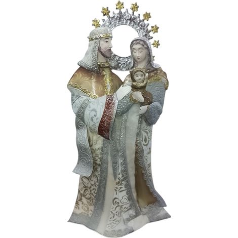 Statua Sacra Famiglia in Metallo Decorata a Mano Maria Giuseppe e Gesù Bambino Presepe Natalizio in blocco latta perlato Artigianale Decorazione Religiosa Dipinta alta cm 49 pezzo raro