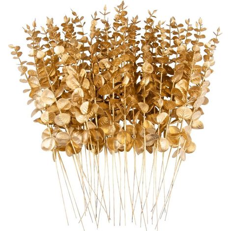36 Pcs Décorations De Plantes D'eucalyptus Artificielles Branches D'eucalyptus Artificielle Faux Eucalyptus Feuilles Faux Plante Tiges D'eucalyptus pour Mariage Maison Cuisine Décoration, Or