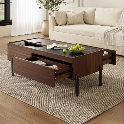 Table basse 105x50x41,5 cm marron foncé avec tiroirs, plateau en verre, MDF MEUBLIV (1/5)
