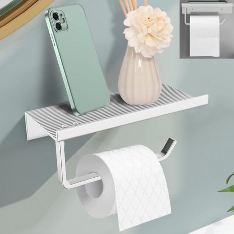 Toilettenpapierhalter, Wandmontage, Toilettenpapierhalter ohne Bohren, Toilettenpapierhalter aus Aluminium mit geräumigen Ablagen, selbstklebender Kleber und Wandmontage für Badezimmer (Silberfarbe) (1/4)