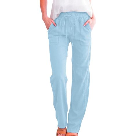 Pantalones largos casuales de color liso para mujer en algodón y lino.