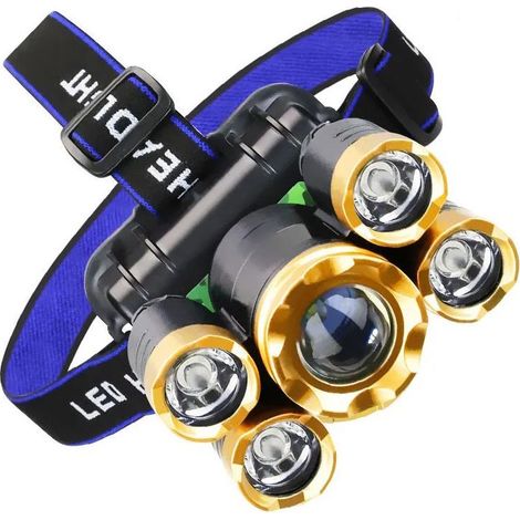 Lampe frontale 5 LED en plastique haute luminosité, rechargeable, 4 modes, angle ajustable 90°, lampe torche frontale avec chargeur incluse (1/5)