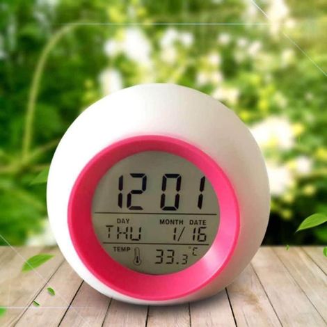 Réveil enfant rond coloré avec calendrier et veilleuse boule, lumineux pour lit, modèle rose et rouge, horloge créative décorative (1/4)