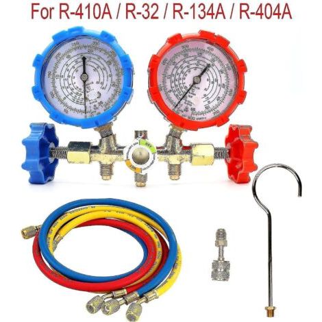 Manomètre pour réfrigérant R410a, R32, R404a et R134a, kit de réfrigération pour climatisation, outils de climatisation avec tuyau et crochet. (1/4)