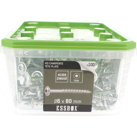 ESSBOX de 100 Vis de Charpente Tête Plate Torx 6X80 Acier Zingué