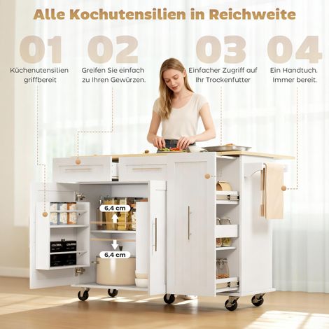 Îlot de cuisine roulant, plan de travail escamotable, portes d'armoire, tiroirs, porte-serviettes, desserte en MDF blanc