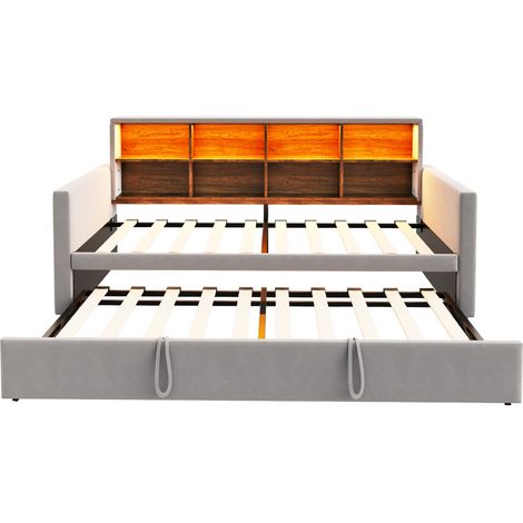 Cama banqueta convertible 90x190 cm en terciopelo gris claro con LED y tomas (1/5)