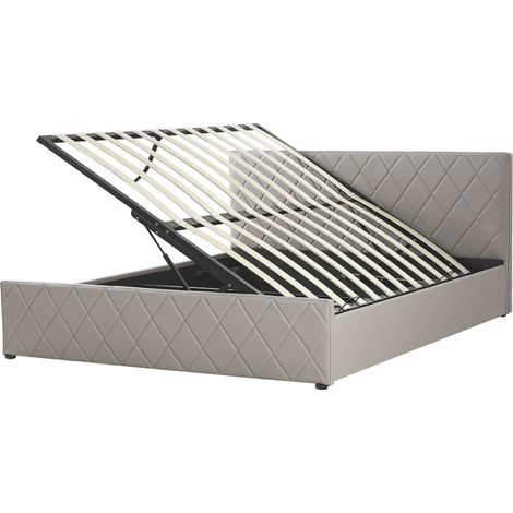 Cama con somier de piel sintética gris pardo 180 x 200 cm almacenaje cabecero Rochefort