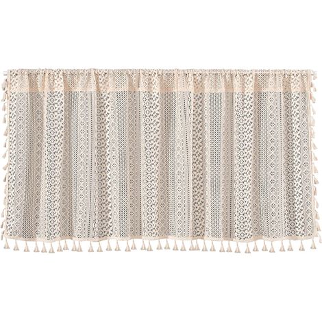 Tenda da bistrot in pizzo lavorato a mano all'uncinetto in stile bohémien con nappe, mantovana corta da cucina (150x60 cm, beige, 1 pannello) (1/5)