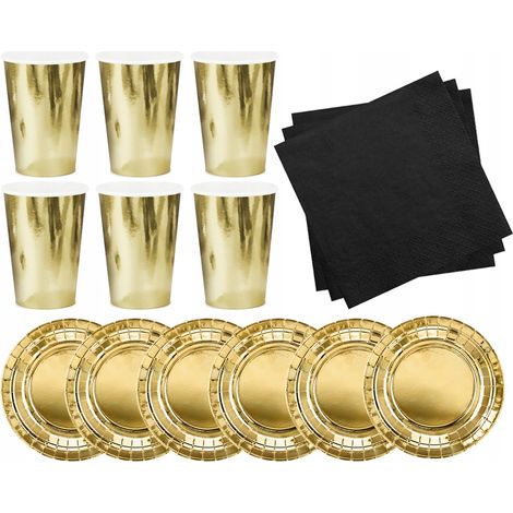 Juego: Tazas y platos dorados, servilletas negras (1/5)