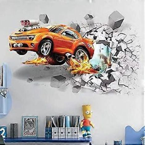 Stickers muraux en vinyle 3D auto-adhésifs et amovibles « Perce le mur » / Décoration murale artistique / Cadeau pour enfant (Voiture de feu volante (19,7 x 27,6/50 x 70 cm)