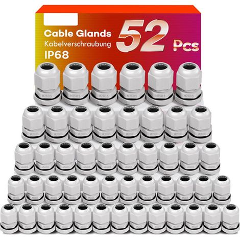Lot de 52 connecteurs de câble étanches IP68 – M12 M16 M20 M25 – Connecteurs de câble pour extérieur – Boîtes de jonction – En plastique et nylon (1/5)
