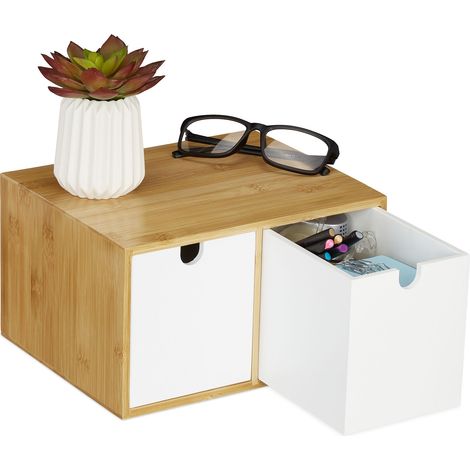 Relaxdays Desk Organiser, 2 Drawers, Office Storage Box, HxWxD: 14.5 x 24.5 x 20 cm, Bamboo & MDF, White