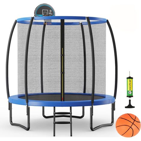 COSTWAY Trampolino Elastico per Bambini 245/333/367 cm, Tappeto Elastico per Bambini on Rete, Anello da Basket, Cuscinetto e Scaletta con 2 Gradini, Palla da Basket e Pompa, Portata 100 kg (1/5)