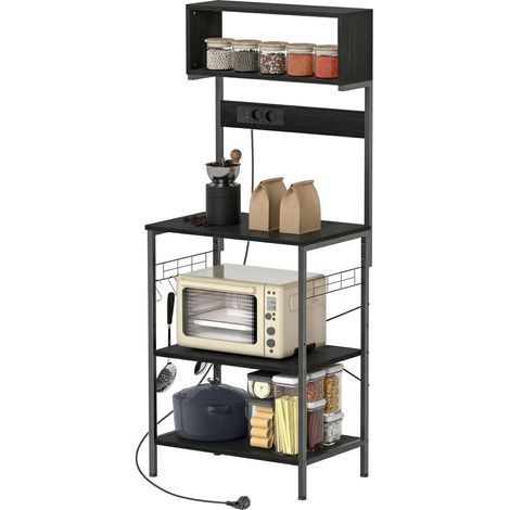 Étagère de cuisine de style industriel avec multiprise pour micro-ondes, étagères et crochets, bois et acier, noir (1/5)