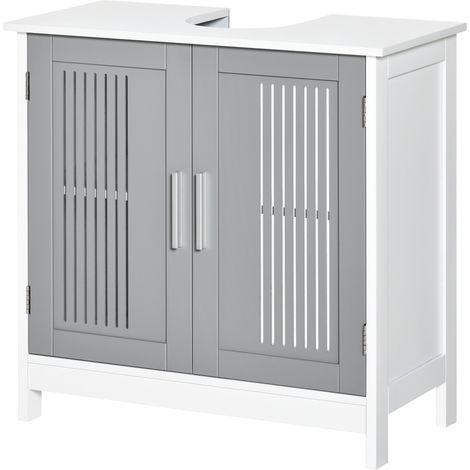 Modern Under Sink Cabinet 2 Doors, Bathroom Vanity Unit, Pedestal Under Sink Design, Storage Cupboard Adjustable Shelves, Grey (1/5)