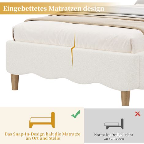 Lit enfant 90x200cm, sommier et tête de lit inclus, pieds en bois massif, tête capitonnée en bouclé blanc, literie simple avec cadre rembourré. (1/5)