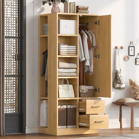 Armoire penderie, Dressing pour chambre avec 1 porte 2 tiroirs et 2 tringles, Meuble de rangement avec étagères en bois MDF 70x50x170 cm, Couleur bois naturel (1/5)