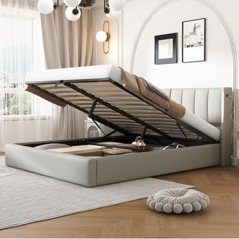 MEUBLIV Cadre de lit 140x190 cm gris – rangement, LED, USB, tête réglable, sans matelas (1/5)