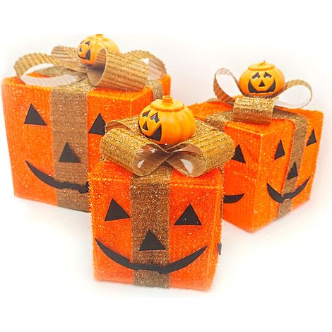 (Nécessite 3 piles AA) Coffret cadeau décoratif en fer pour Halloween (3 pièces), ornement citrouille lumineuse, décoration de vitrine (3 ensembles) (1/2)