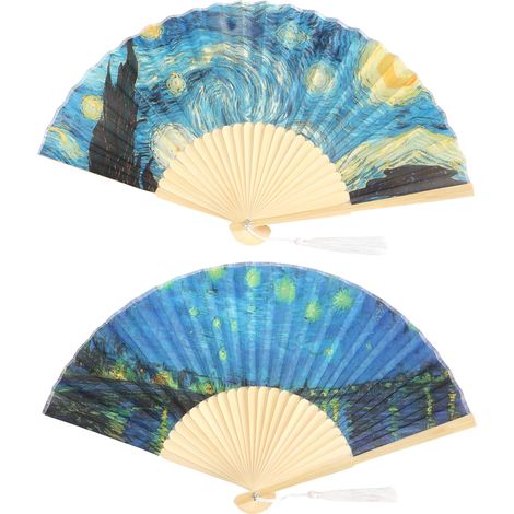 2pcs Folding Fan Bamboo Handheld Fans Handwork Gift Party Dancing Decoration Starry Night (1/5)
